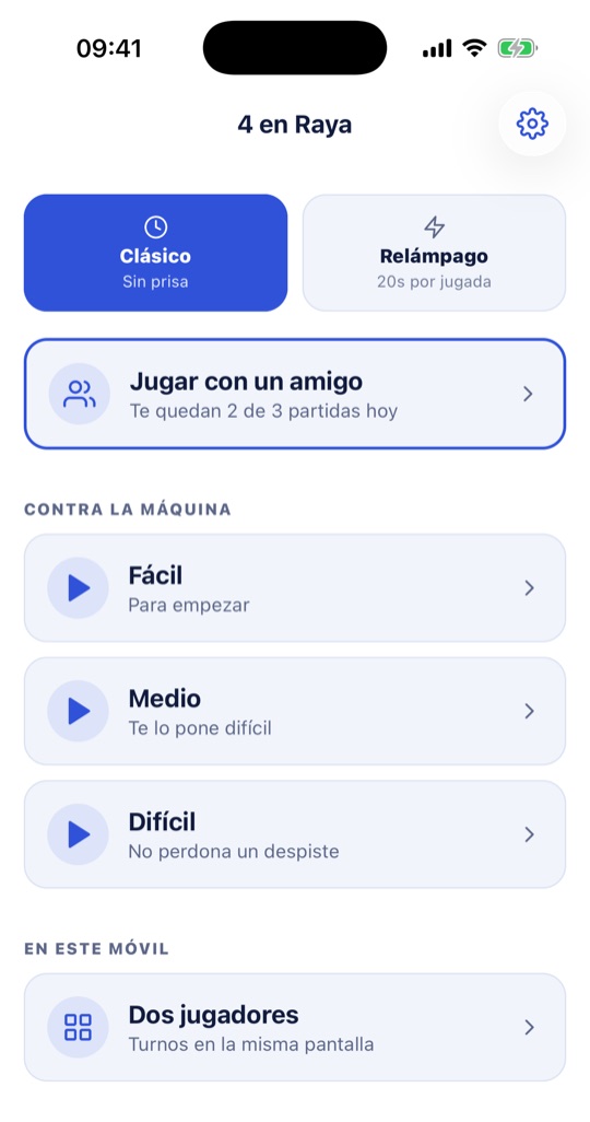 Pantalla principal de 4 en Raya Flash